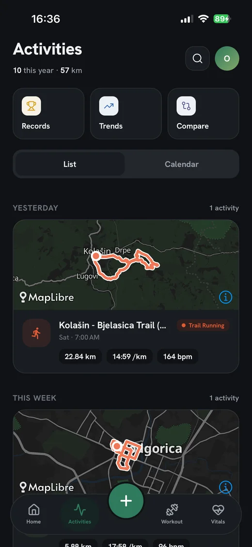 Holt's Activities screen showing a trail run route plotted on a map, with Records, Trends, and Compare tools above a list of past activities