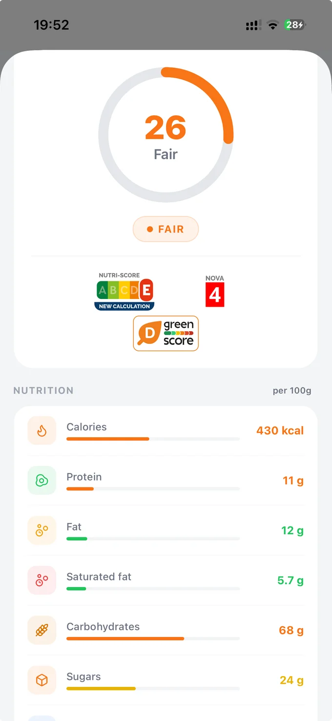 Barki scan result screen showing a nutrition score of 26 out of 100, rated Fair, with Nutri-Score E, NOVA 4, and a nutrition breakdown