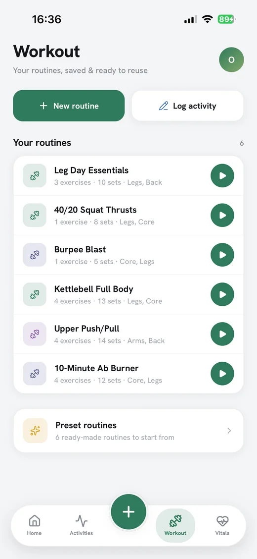 Holt's Workout screen listing saved gym routines like Leg Day Essentials and Kettlebell Full Body, each with exercise and set counts